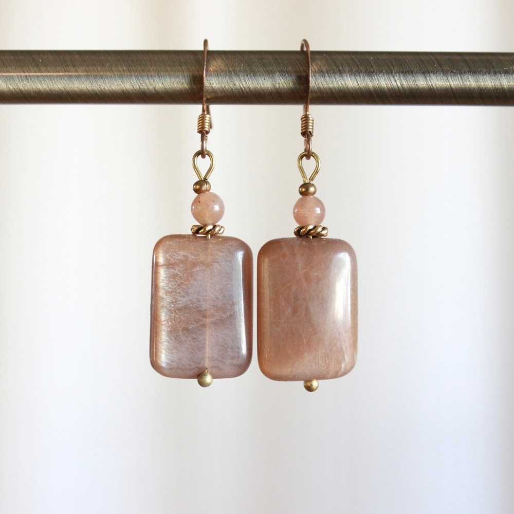 Sunstone Beaded Drop Earrings Rectangle Peach Stone Brass‎ Dangle Boho F8